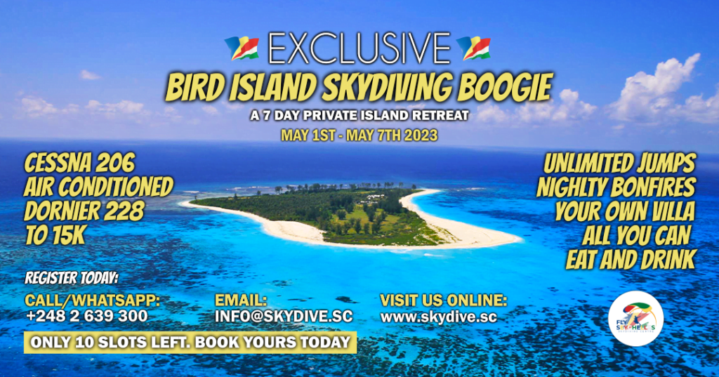 event poster for the exclusive bird island skydiving boogie experience may 2023